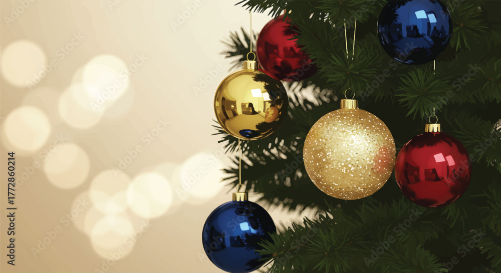 Naklejka premium Close-up of a Christmas tree branch with colorful ornaments against a blurred background with bokeh lights.