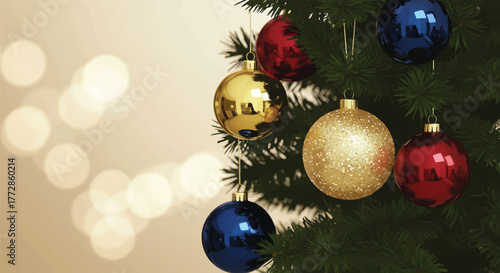 Close-up of a Christmas tree branch with colorful ornaments against a blurred background with bokeh lights.