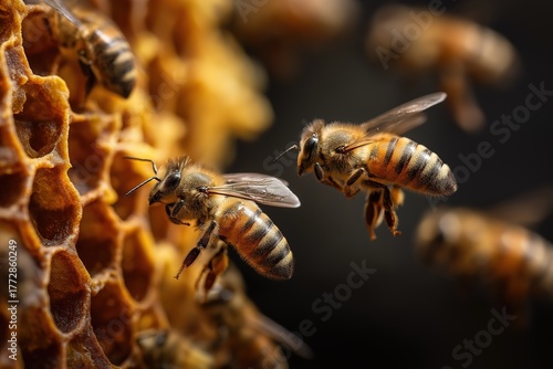 Macro shot of bees on golden honeycomb in hive, wings spread against dark blurred background highlighting intricate patterns. Natural beekeeping and ecological concept.