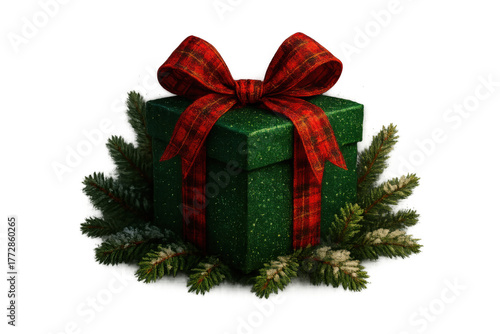 Green speckled christmas gift box tied with red tartan ribbon, surrounded by pine branches with a dusting of snow