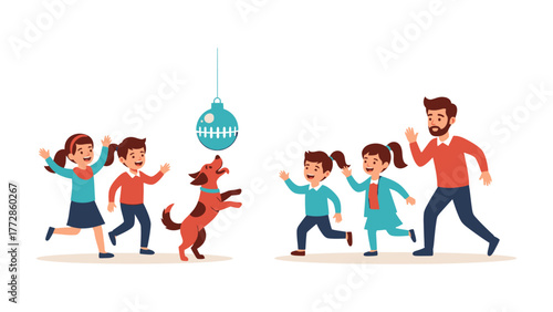 Joyful Christmas Play: A heartwarming family scene unfolds as children and their loyal canine companion playfully interact with a festive Christmas ornament.