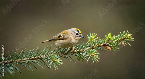 Goldcrest bird perched on a pine branch in a natural setting during daylight hours