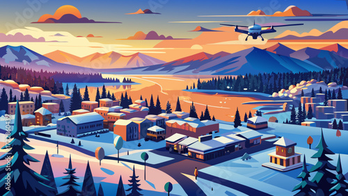 Very beautiful panoramic drone view of Sandpoint, Idaho, USA, featuring Lake Pend Oreille, snowy winter landscape, and the cityscape glowing under a warm sunset sky.