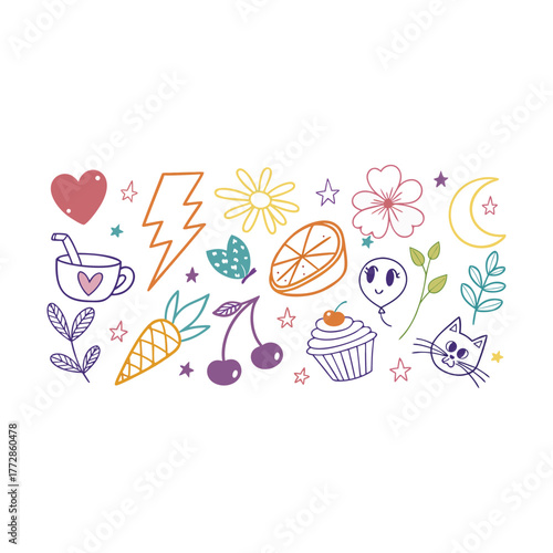 Wallpaper Mural Assortment of colorful doodle icons on a white background Keywords: doodle, icon, illustration Torontodigital.ca