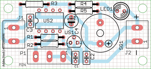 Vector printed circuit board of electronic 
device with components of radio elements, 
conductors and contact pads placed on pcb. 
Engineering technical drawing with grid.