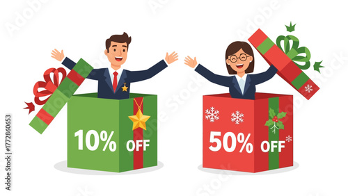Holiday Offer: Two professionals pop out from gift boxes with special discounts on a festive background, representing a special offer.