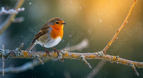 Colorful robin perched on a branch in a snowy landscape during winter, showcasing its vibrant plumage and serene environment