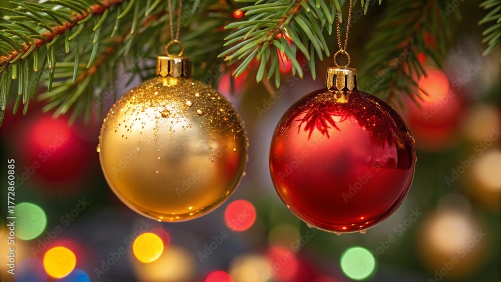 Fototapeta premium Decorative golden and red Christmas ornaments hanging on evergreen tree branches with lights