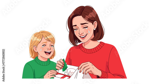 Tears of Joy and Festive Spirit: A heartwarming illustration of a mother and child sharing an emotional moment, their faces lit with tears and smiles as they engage with a card, expressing joy.