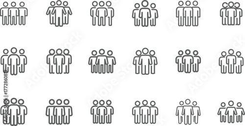 Multiple groupings of three people stick figures representing teamwork and collaboration