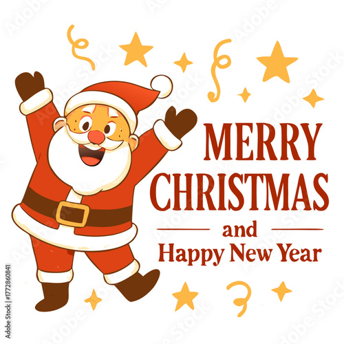 Festive Santa Claus wishes Merry Christmas and Happy New Year with star confetti