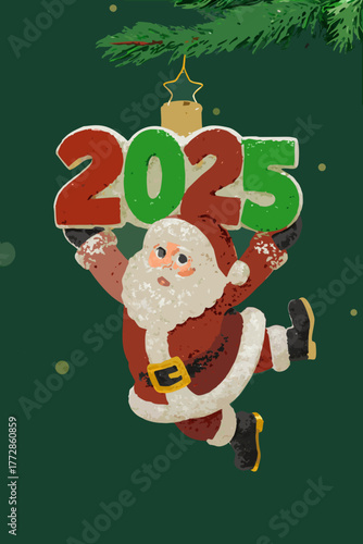 Santa Claus wishes a Happy New Year 2025 with festive ornament and Christmas tree