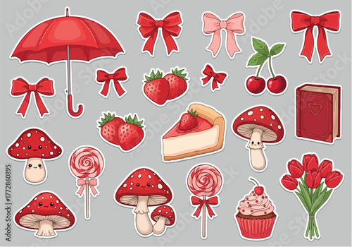 Cute red aesthetic sticker set with bows, mushrooms, cakes, and flowers for scrapbooking, journaling, or decorative design