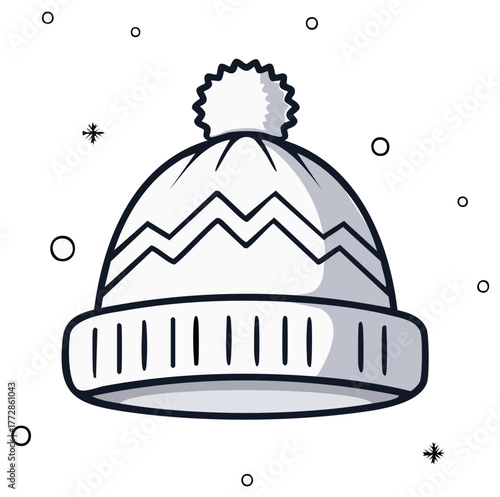 Cartoon winter hat with pompom and falling snow elements illustration