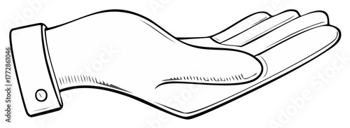 Hand offering with open palm gesture sketch, black and white illustration