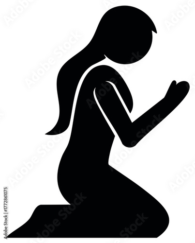 Silhouette Illustration of Woman Kneeling with Hands Raised in Supplication or Prayer, Spirituality