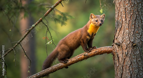 Fotografie Marten climbing on a branch in a forest during golden hour with soft sunlight fi