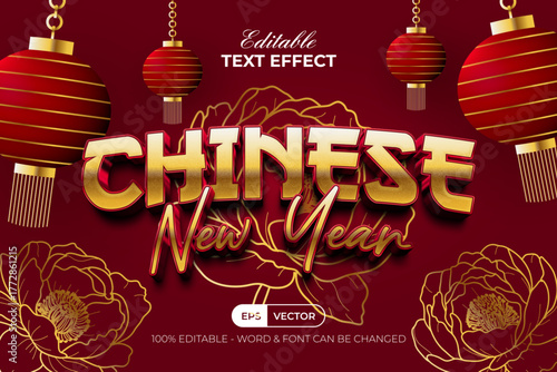 Chinese New Year Text Effect Gold With Oriental Decoration, Lantern And Peony Flower Golden Style. Editable Text Effect Lunar Theme.