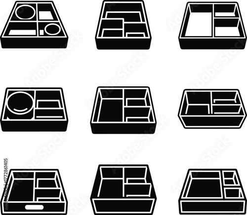 Bento Box Icons Set Black And White lunch box food container