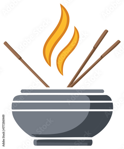 Burning Incense Sticks in Metal Bowl with Decorative Flames