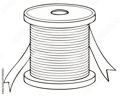 Simple Line Art Illustration of a Spool of Thread with Ribbon