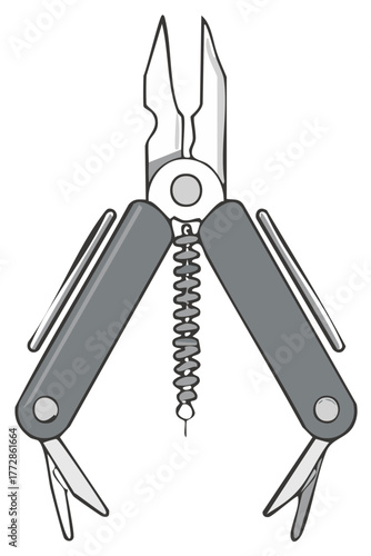 Versatile gray multi tool with open pliers and integrated blades illustration