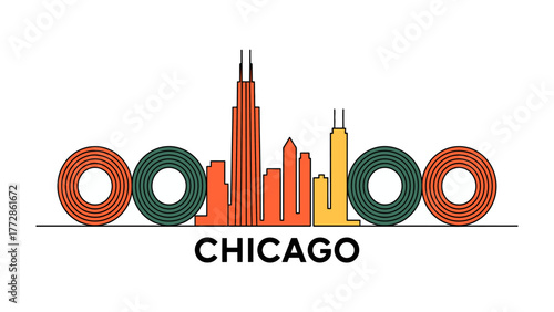 Chicago Cityscape: An abstract illustration showcasing the iconic buildings and skyline of Chicago, rendered in vibrant colors and clean lines.