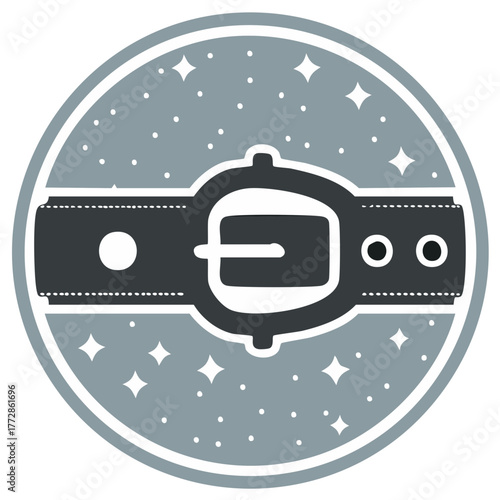 Santa Claus Belt Icon with Buckle on Snowy Winter Background with Star Shapes for Holiday Themes
