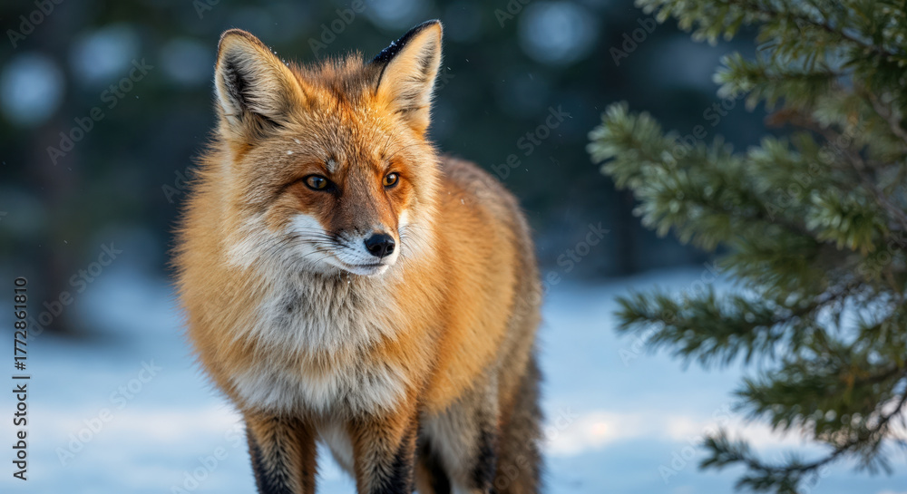 Obraz premium Red fox standing in a snowy landscape with evergreen trees in the background during winter