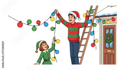 Festive Decor: A cheerful duo decorates a home exterior with twinkling Christmas lights, illuminating the festive scene with joy and holiday spirit.