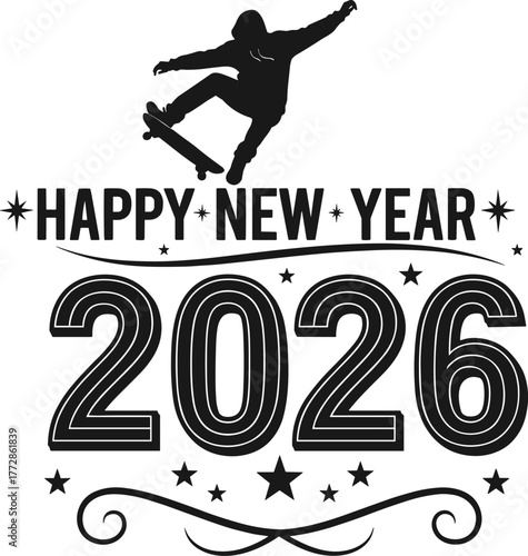 Happy, New, Year, 2026, USA, Skateboard, Trick, Stars, Stripes, Patriotic, Celebration, Holiday, America, Typography, Vector, Cad, Drawing, Festive, Design, Illustration