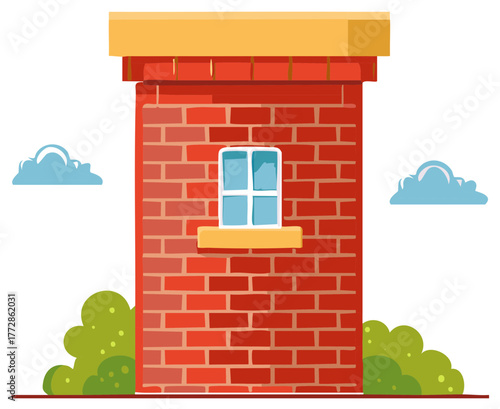Cartoon brick house facade with blue sky clouds and green bushes illustration