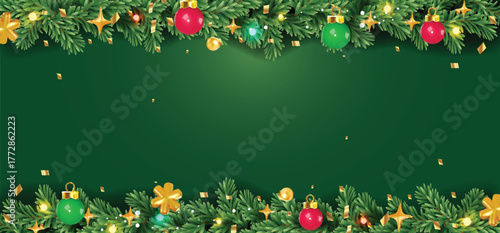 Christmas border with fir branches and golden glitter confetti and xmas balls on green background decoration. Copy space on Christmas and New Year design holiday frame. Vector illustration