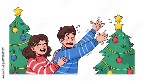 Christmas Chaos: A humorous illustration depicts a festive Christmas scene, filled with the joy and challenges of decorating.