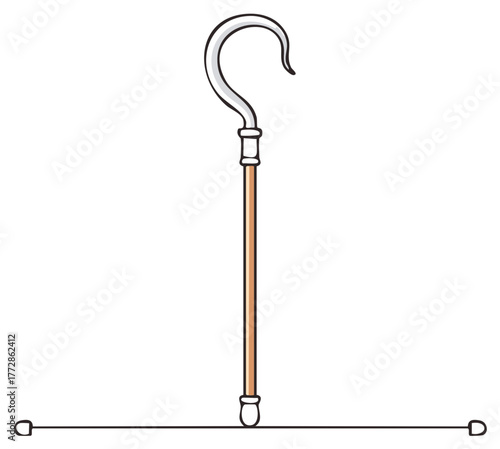 Cartoon Walking Stick Illustration with Hook Shape for Assistance, Cartoon Accessory, Handicraft, and Vintage Symbol