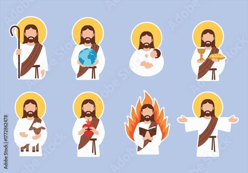 Jesus, Christ, Religious, Figure, Halo, Heart, Lamb, Chalice, Baby, Globe, Book, Flame, Pose, Symbol, Divine, Vector, Cad, Drawing, Design, Illustration