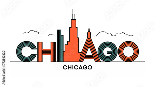 Chicago Skyline Illustration: An eye-level perspective of a stylized, linear representation, showcasing a vibrant cityscape skyline.