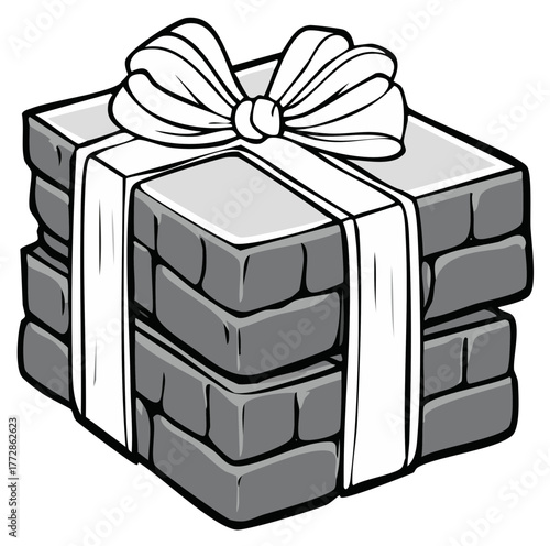 A black and white cartoon illustration of a heavy stack of bricks wrapped as a gift with a ribbon and bow