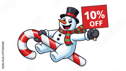 Festive Snowman: A jovial snowman, adorned with a top hat and scarf, gleefully dashes forward, clutching a giant candy cane and a sign boasting a 10% discount.