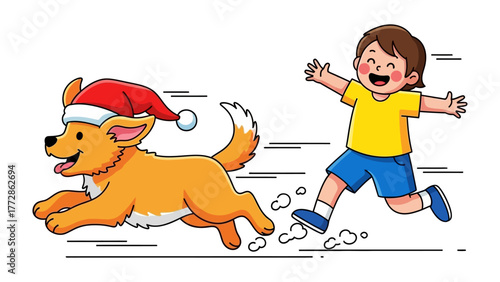Joyful Chase: A cheerful child and a playful dog, both filled with boundless energy, engage in a spirited game of chase, embodying the spirit of pure friendship and boundless fun.