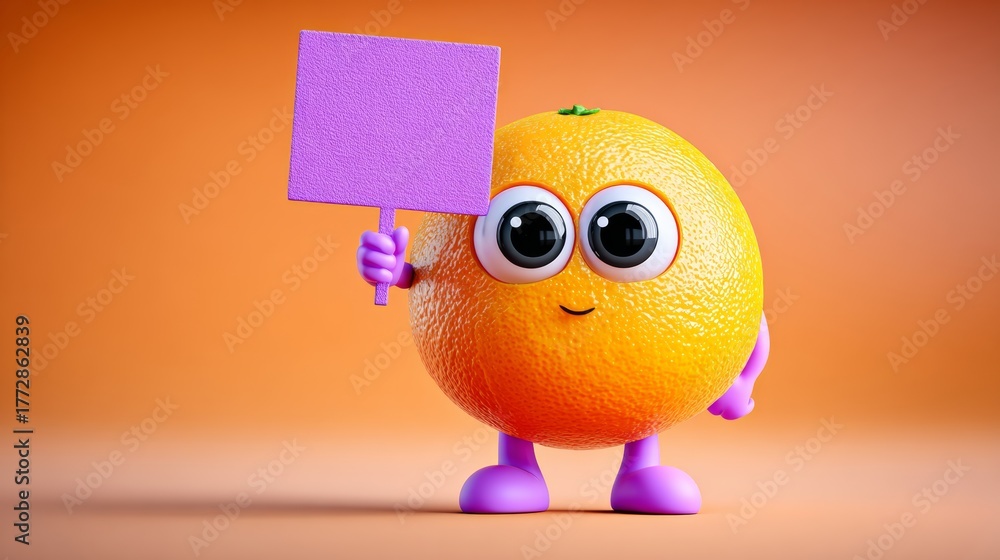 Fototapeta premium Cartoon orange fruit holding a sign. The sign is purple and says 