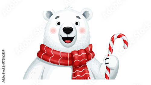 Cheerful Bear and Candy Cane: A charming and jovial bear, adorned with a vibrant scarf, holds a candy cane with a gleeful expression, capturing the essence of the season.