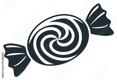Graphic icon of a single wrapped hard candy with a black and white spiral pattern