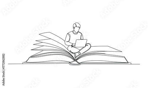 Continuous line drawing of student using laptop on big open book
