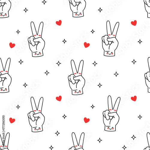 Seamless Peace, Victory Hand Pattern on White Background.