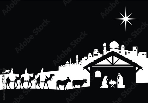Nativity, Christmas, Jesus, Mary, Joseph, Manger, Star, Bethlehem, Stable, Magi, Camel, Silhouette, Religion, Holiday, Celebration, Vector, Cad, Drawing, Design, Illustration