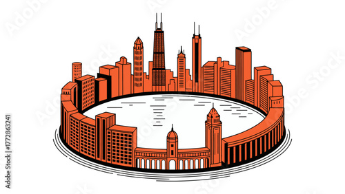 City Circle: An orange illustrated ring featuring various buildings, symbolizing interconnectedness, growth, and urban landscape. 