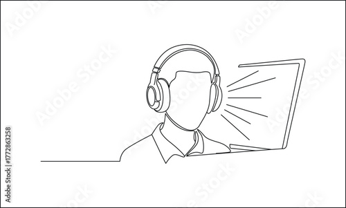 One line drawing of a man listening to a laptop computer