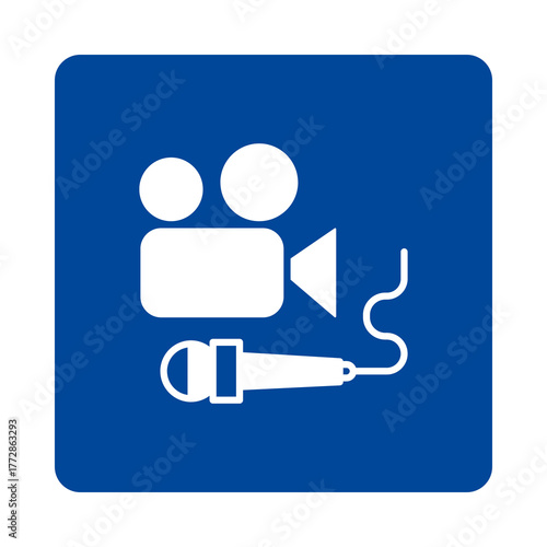 White video camera and microphone icon on a blue square isolated on transparent background