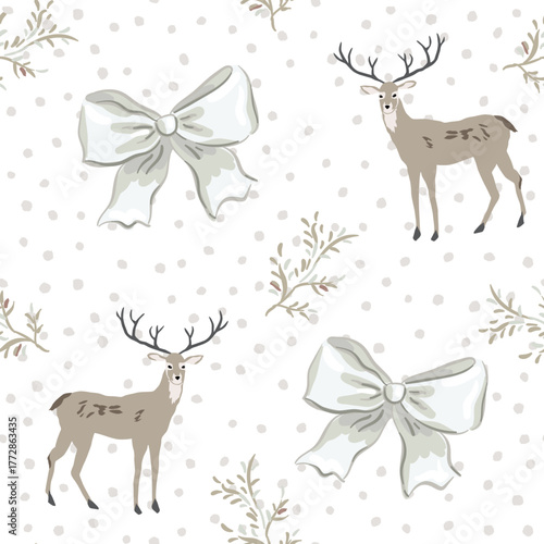 Christmas seamless pattern, deer animals, twigs, bows, snow, white background. Vector illustration. Nature design. Season greeting. Winter holidays